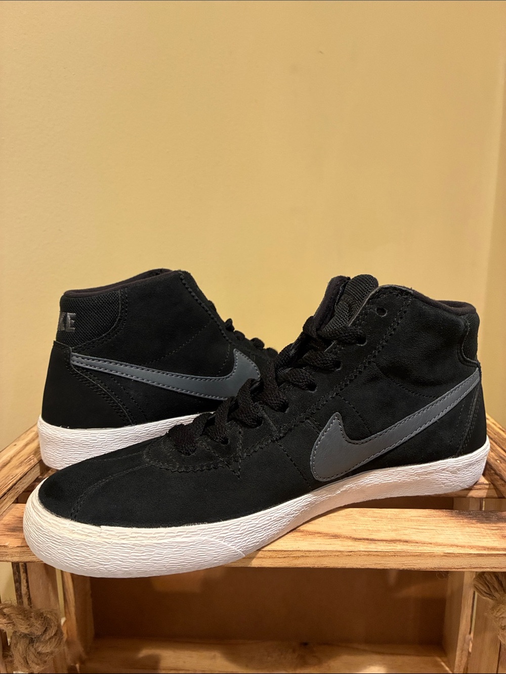 Nike Black Suede High-Top Sneakers with White Soles and Gray Swoosh - Picture 3 of 7